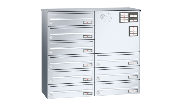 RENZ Briefkastenanlage, Aufputz, Classic Basic B, Edelstahl V4A, Kastenformat 370x110x270mm, mit Klingel - & Lichttaster und Vorbereitung Gegensprechanlage, 9-teilig